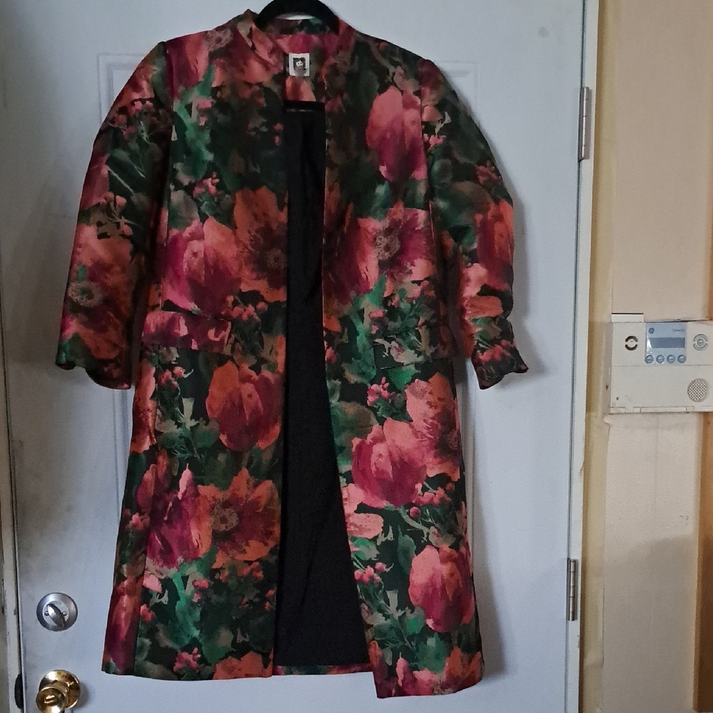 Anne Klein Floral Trench Coat - Red and Green